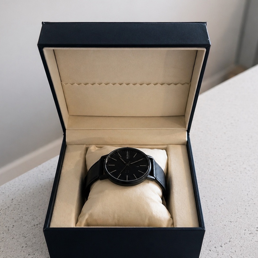 Men's Black Leather Strap Dress Watch - Minimalist Design